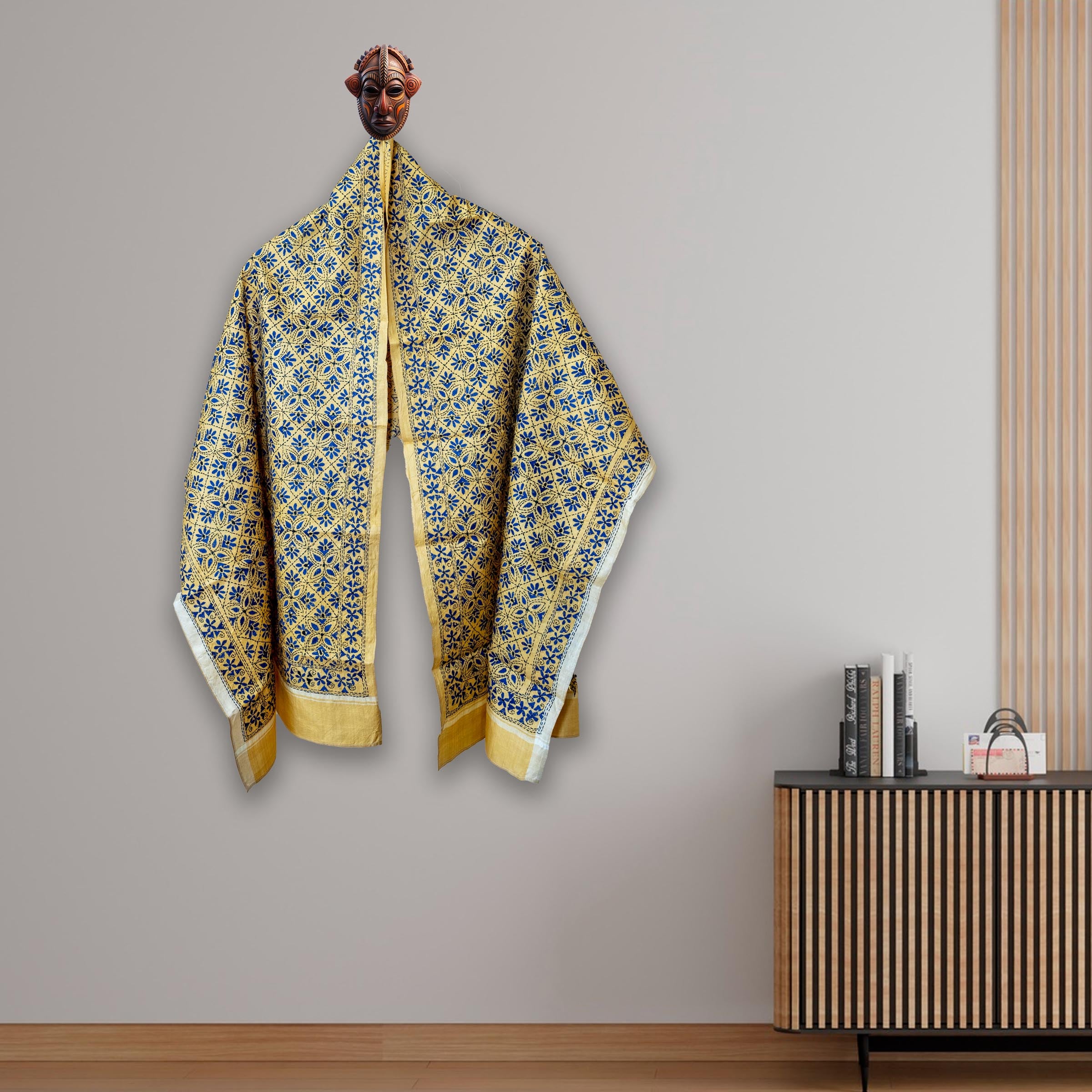 KANTHA STOLE - YELLOW WITH BLUE DESIGN