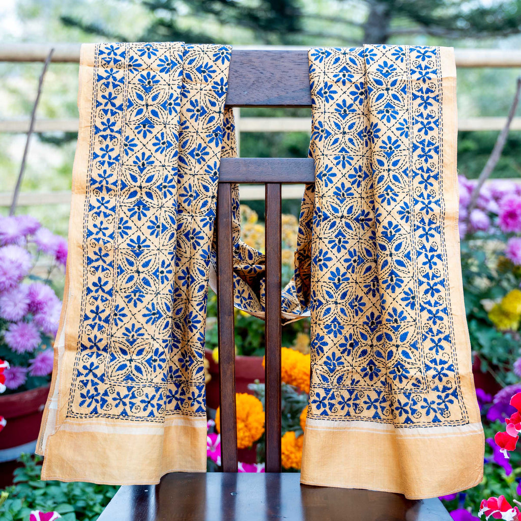KANTHA STOLE - YELLOW WITH BLUE DESIGN