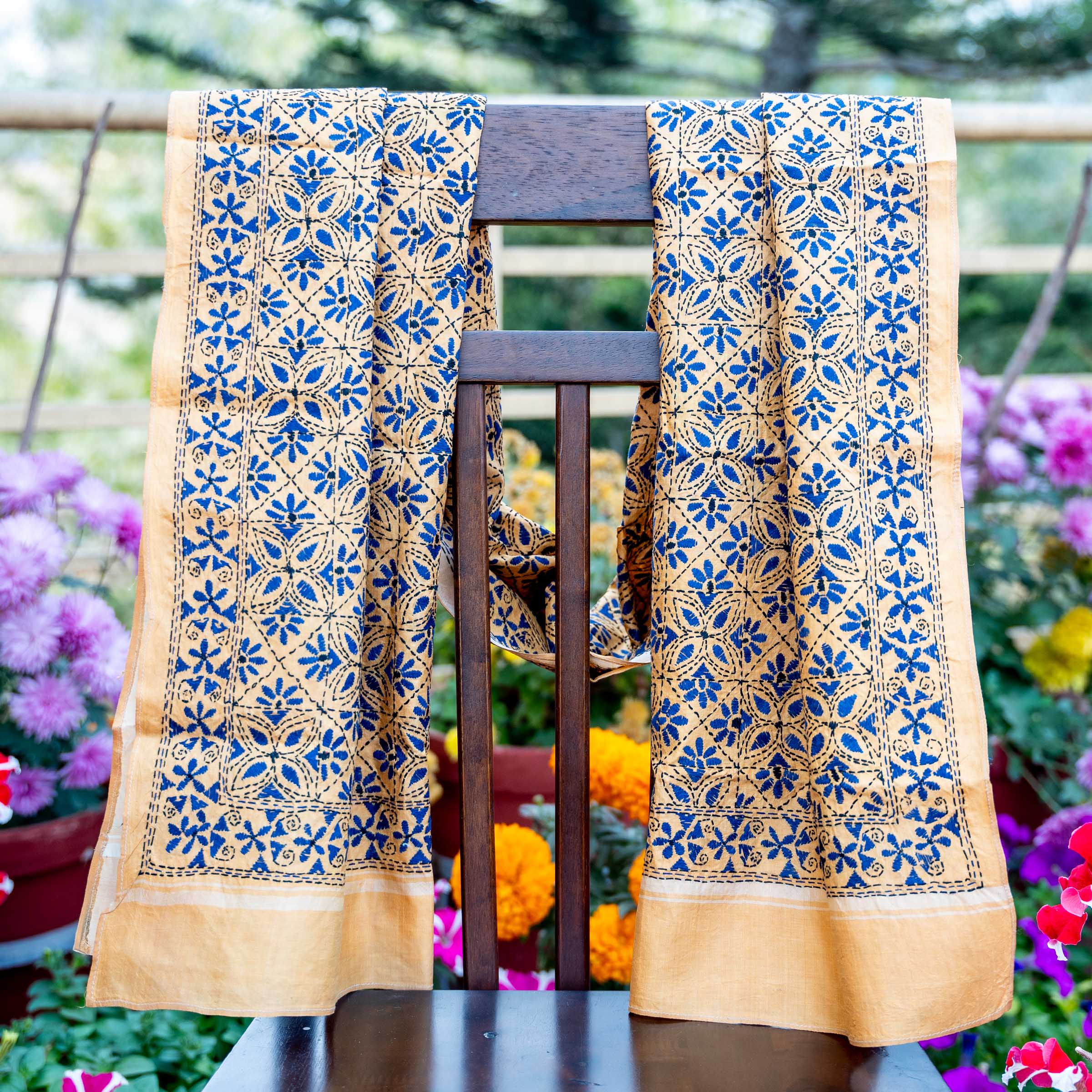 KANTHA STOLE - YELLOW WITH BLUE DESIGN