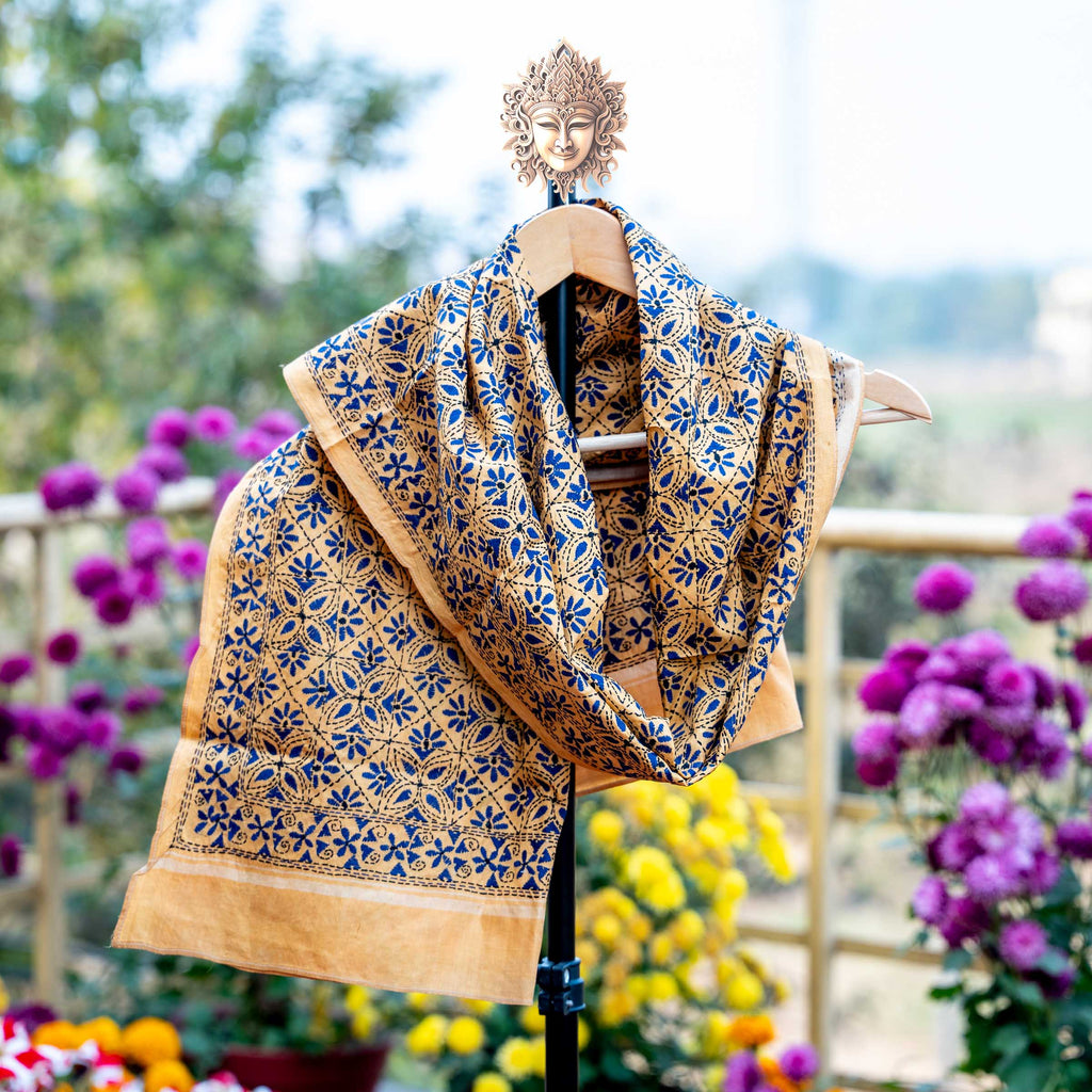 KANTHA STOLE - YELLOW WITH BLUE DESIGN
