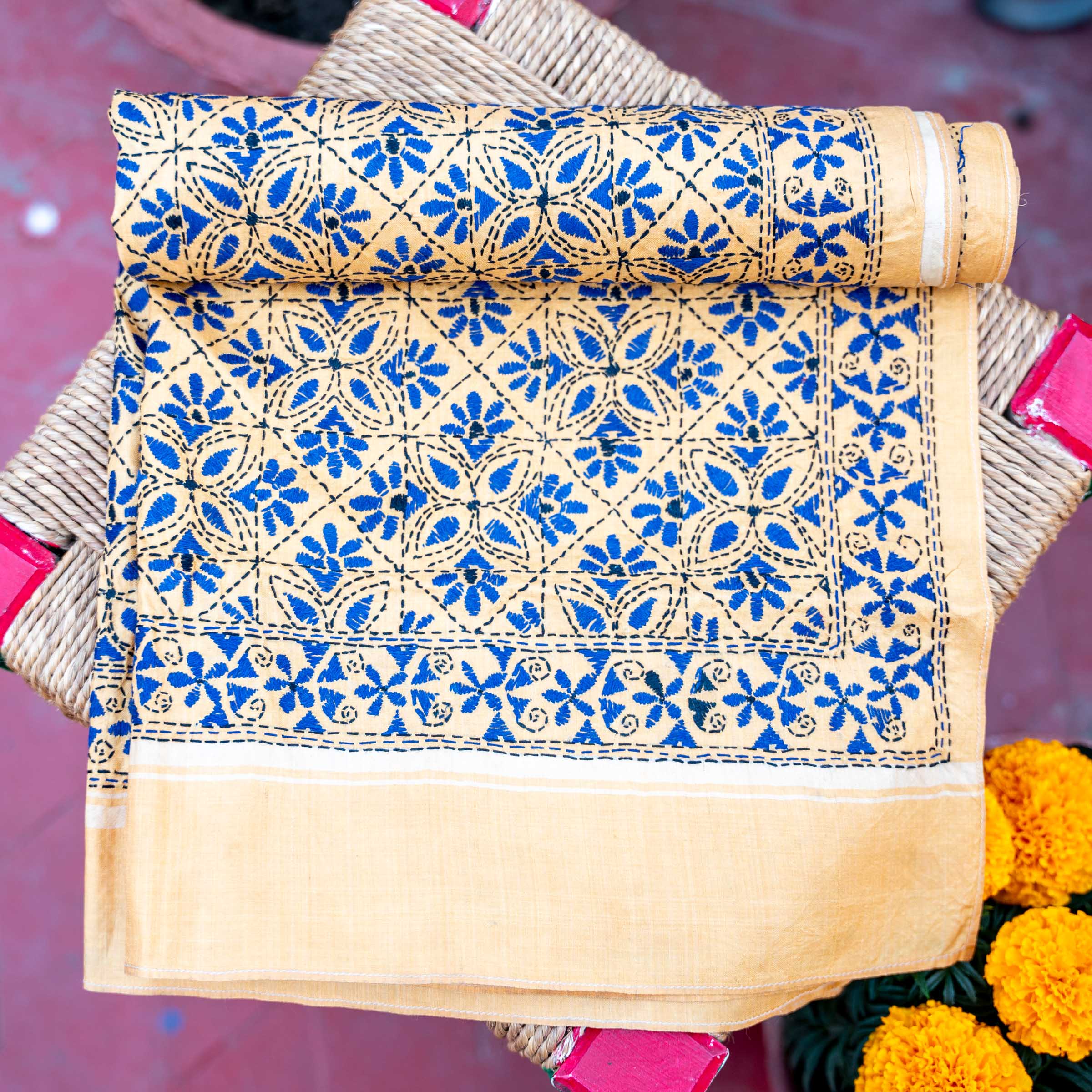 KANTHA STOLE - YELLOW WITH BLUE DESIGN