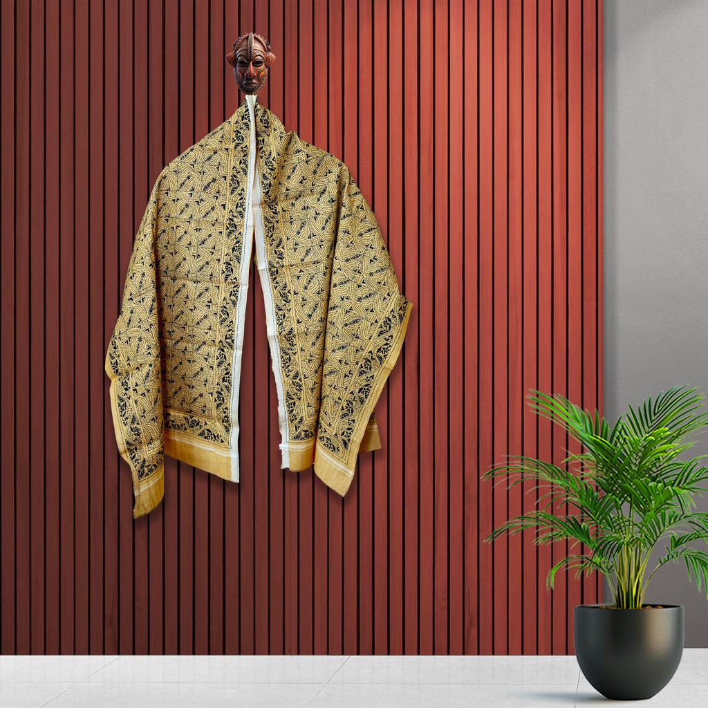 KANTHA STOLE - YELLOW WITH BLACK DESIGN