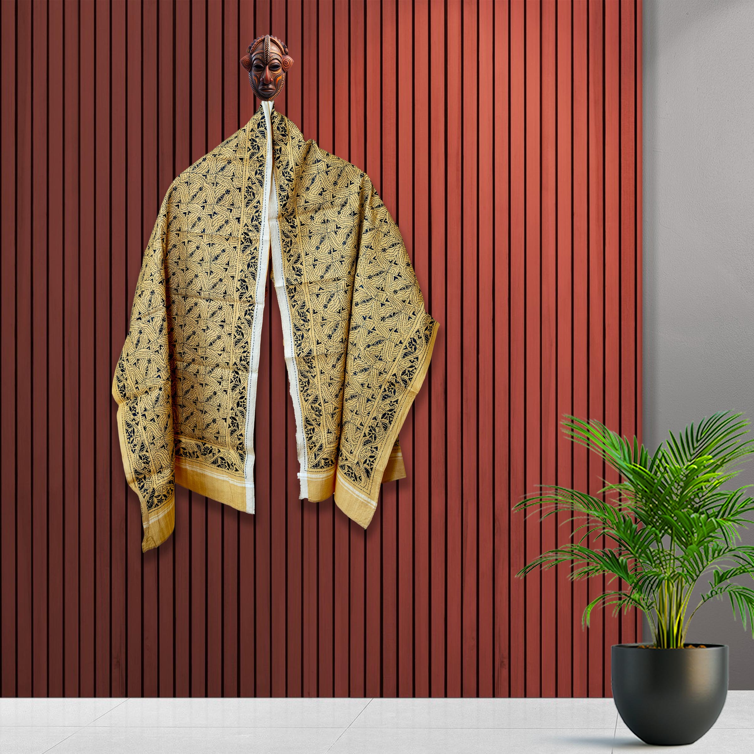 KANTHA STOLE - YELLOW WITH BLACK DESIGN