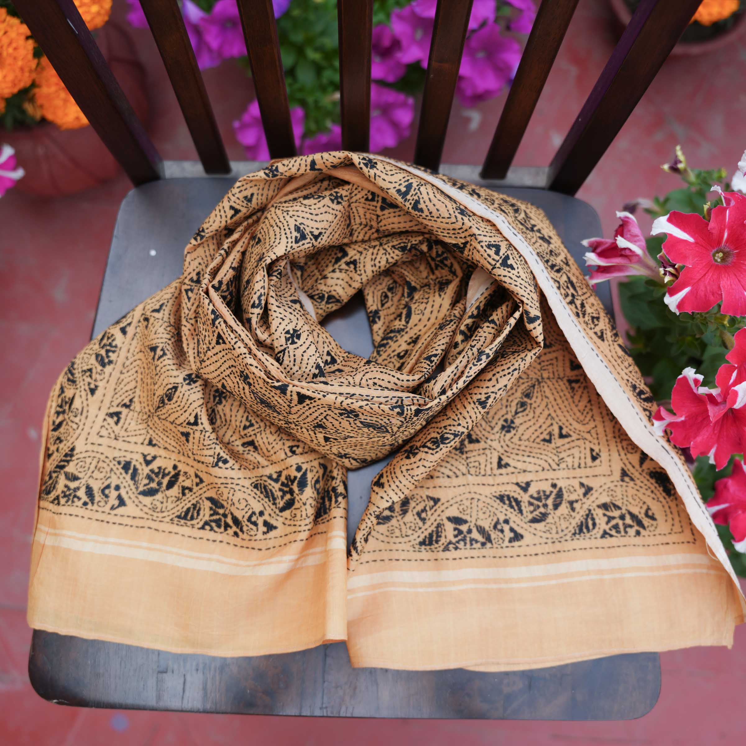 KANTHA STOLE - YELLOW WITH BLACK DESIGN