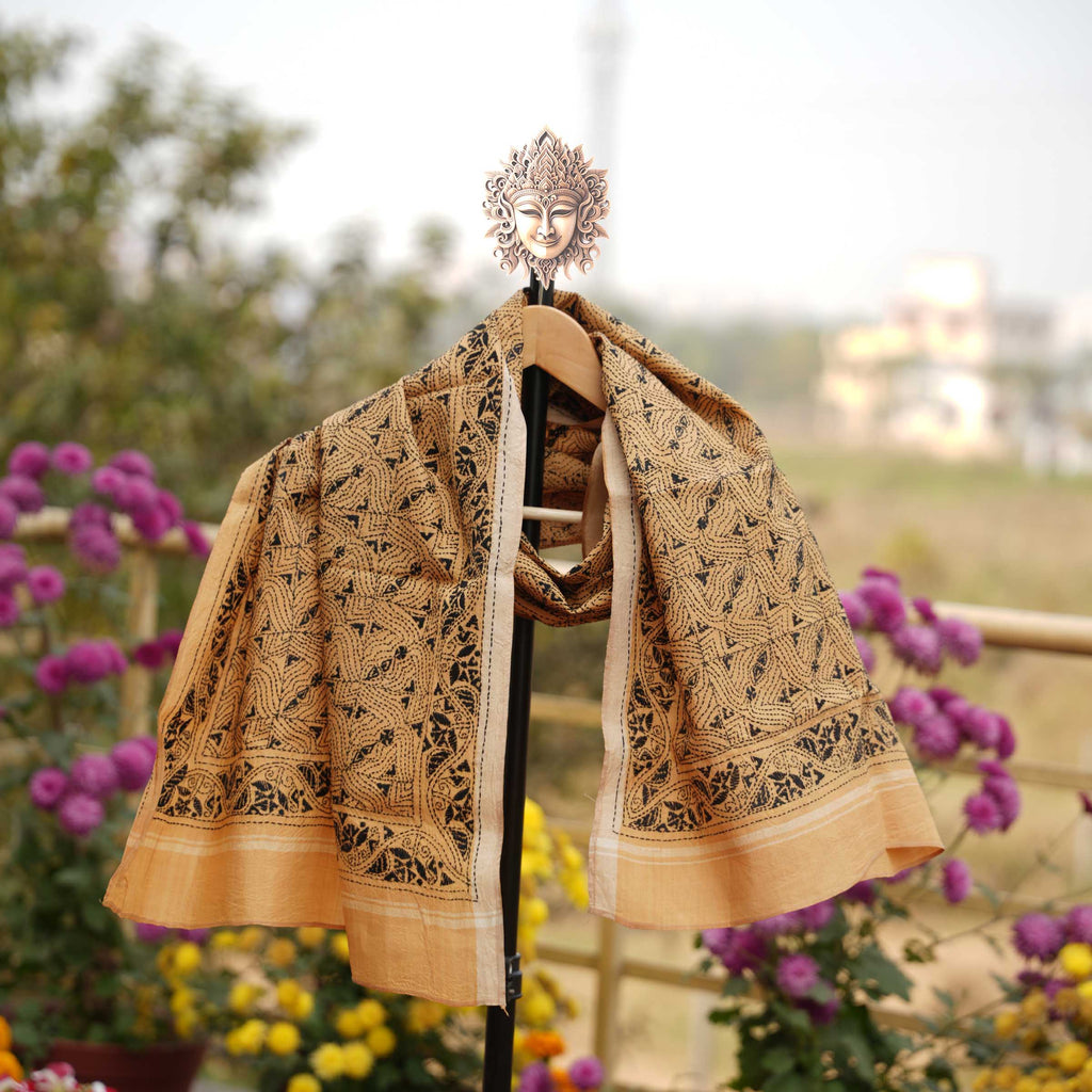 KANTHA STOLE - YELLOW WITH BLACK DESIGN