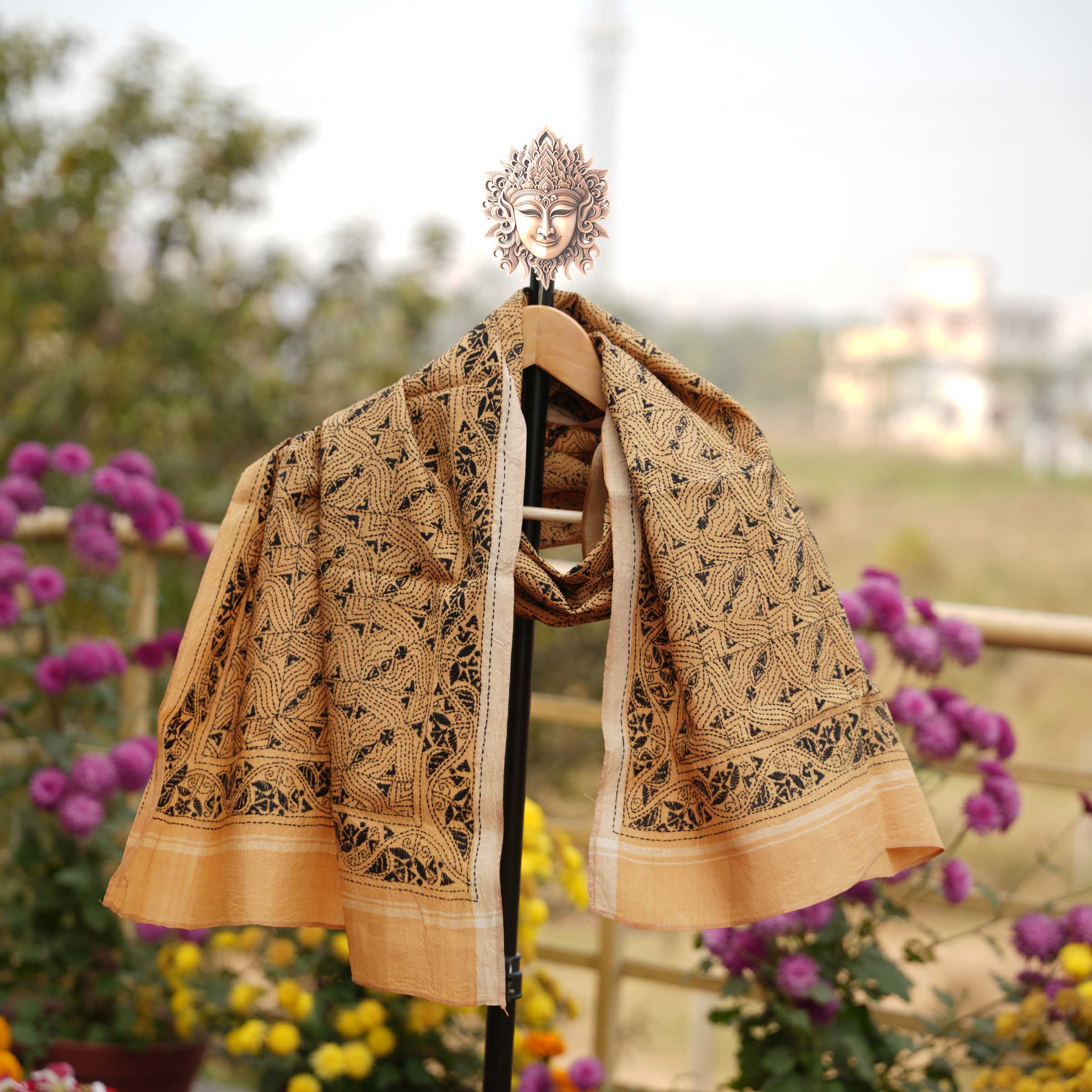 KANTHA STOLE - YELLOW WITH BLACK DESIGN