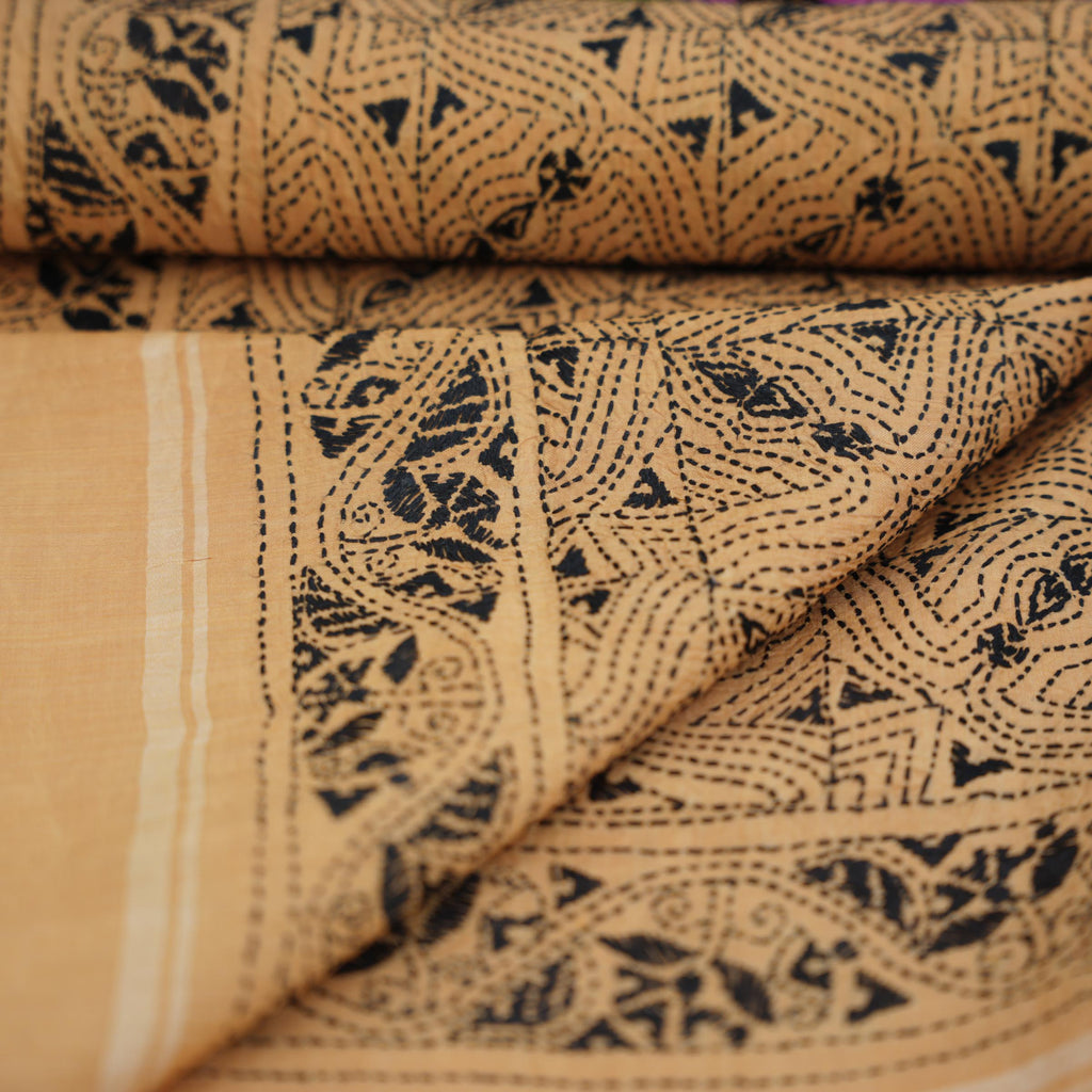 KANTHA STOLE - YELLOW WITH BLACK DESIGN